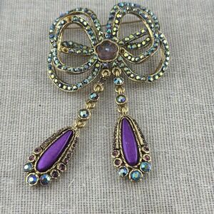 VTG Multicolor Bow Ribbon Statement Gemstone Brooch Pin Designer Fashion Jewelry